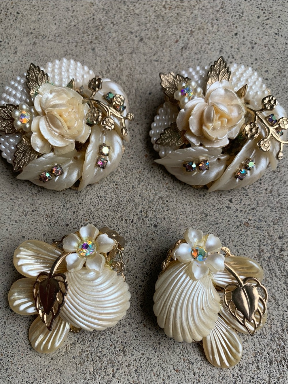 Vintage Set of 2 White Carved Floral Borialis Rhinestone Clip Earrings